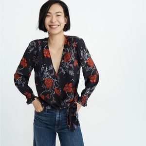 Madewell Silk Smocked-Sleeve Wrap Top, Large